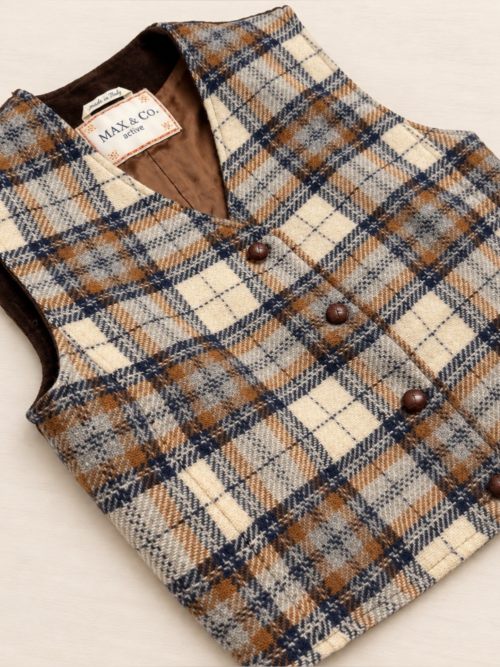 Vintage Max & Co. Wool Plaid Suede Back Vest Made in Italy Size 6